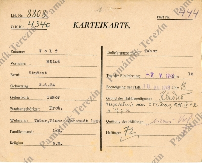 Identification card for the prisoner – Small Fortress Terezín