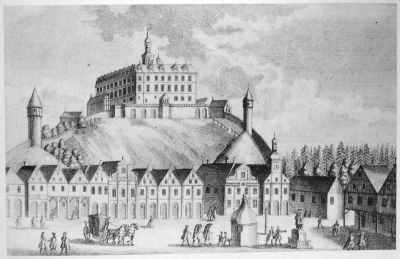 Náchodský zámek (J. G. Ringle, mědiryt, cca 1740)