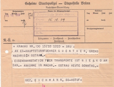 Telegram Adolfa Eichmanna ostravskému Gestapu: 
cílem transportu bude Nisko nad Sanem