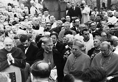 Archbishop of Cracow Karol Wojtyla (in centre) on Trochta‘s funeral