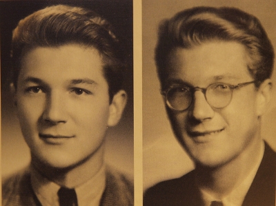 Vlevo - asi měsíc před zatčením gestapem, 1942; vpravo Maturitní fotografie, 1945