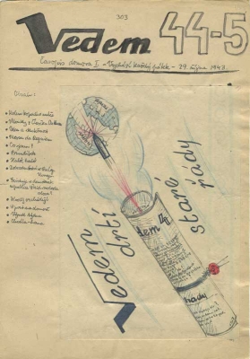Titulní strana časopisu Vedem
s Petrovou kresbou (29. 10. 1943)