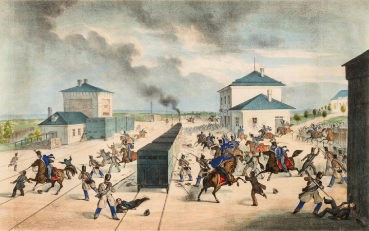 Běchovické krveprolití, litografie J. Z. Quasta, dle kresby F. Roschera, 1848