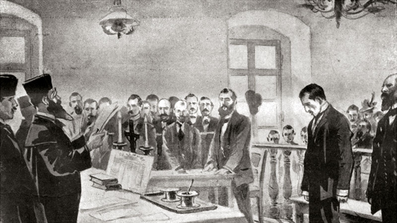 Reportážní kresba ze závěru druhého Hilsnerova procesu v Písku, Pražský illustrovaný kurýr, příloha Hlasu národa, č. 318, 16. 11. 1900