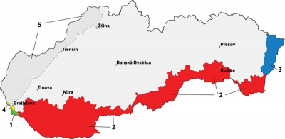 Žluté a červené plochy jsou územní ztráty 
Slovenska, žluté – území připadlo Třetí říši, červené – Maďarsku