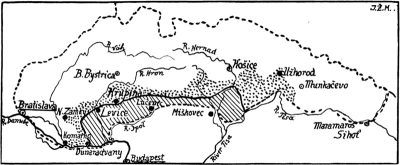 Stínované části označují oblasti napadené Maďary, 
tečkované části označují oblasti s bolševickými nepokoji