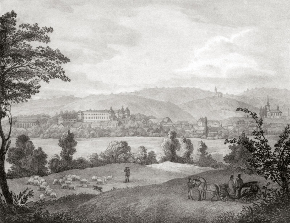 Pohled na zámek Bzenec, litografie A. Kunike, 1833