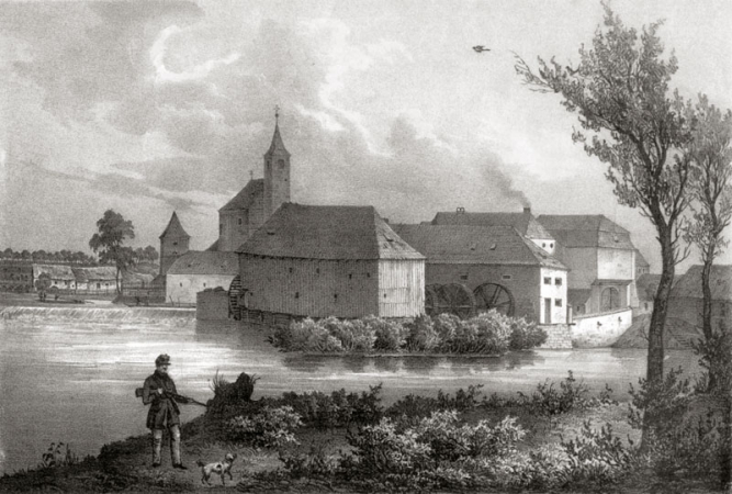 Pohled na část osady Hrádku Čelákov,  litografie R. Bürger, kolem 1840