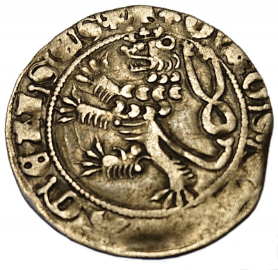 Jan Lucemburský (1310–1346)
IOHANNES PRIMUS
průměr 28 mm | hmotnost 3,5–3,7 g | jakost 0,903 | stříbra 3,25 g
