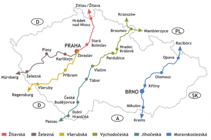Mapa svatojakubských  tras v ČR