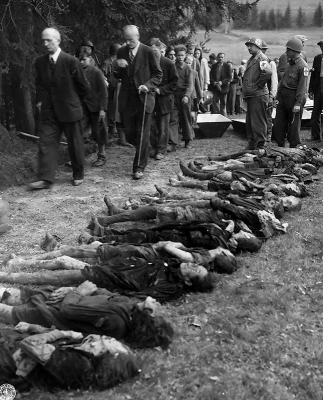 Američtí vojáci ve Volarech vedou sudetské Němce kolem mrtvých židovských žen z pochodu smrti