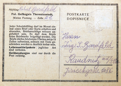 Postcard to his parents before arrival from Terezín