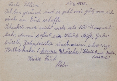 Postcard to his parents before arrival from Terezín