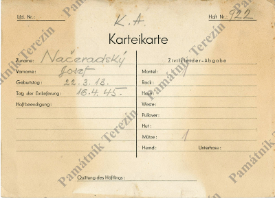 Identifi cation card for the prisoner - Small Fortress Terezín