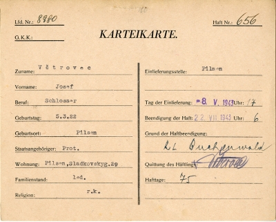 Karta J. Větrovce z Malé pevnosti Terezín