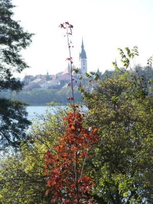 Pohled přes Vajgar na Jindřichův Hradec
s věží chrámu Nanebevzetí Panny Marie