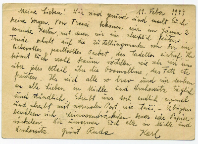 Dopisnica KP z Terezína O. Weiszovi, 11. 2. 1944