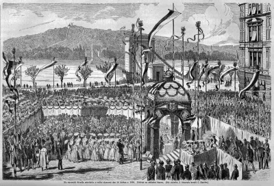 Staveniště Národního divadla během slavnosti položení základního kamene 16. května 1868, Čeněk Katzler, dle návrhu Josefa Scheiwla, Světozor 1868