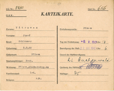 Karta J. Větrovca z Malej pevnosti Terezín