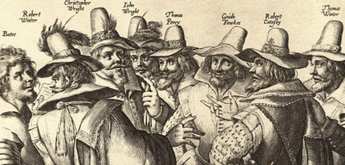 Rytina osmi ze třinácti spiklenců − Fawkes třetí zprava