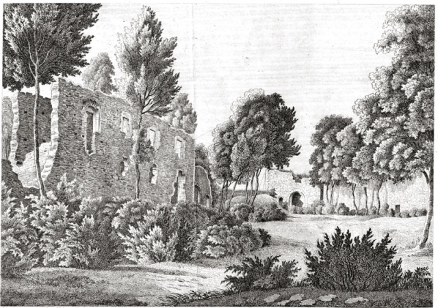 Nádvoří hradu Pravda v r. 1847, veduta F. A. Heber