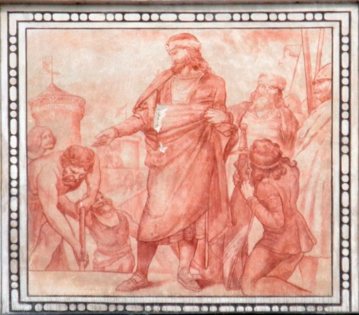 Přemysl Otakar II. dohlíží na stavbu hradeb Kolína,  freska na kolínské radnici, Adolf Liebscher 