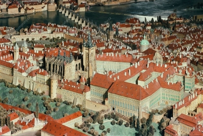 Pohled od Pražského hradu ke Karlovu mostu, 
Langweilův model Prahy