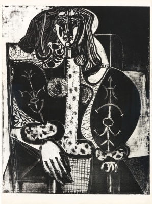 Pablo Picasso, Femme au Fauteuil No. 1, 23. 12. 1948
litografie na papíře Arches, 7. stav z 11, 69,5 x 54,5 cm
na zadní straně Fernandem Mourlotem tužkou značeno, číslováno a signováno monogramem „FM 134,
1e etat du report, 6/6“