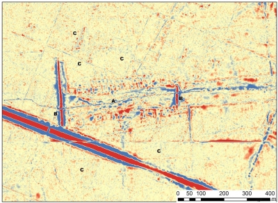 Výsledky leteckého laserového skenování. A – náves; B – hráze novověkých rybníků; C – zřetelné úseky plužiny. Podle J. Hasila