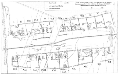 Geodetické zaměření terénních pozůstatků zaniklé středověké vesnice Hol s vyčleněním a očíslováním jednotlivých dvorů. Podle T. Klíra