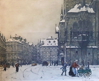 Staroměstské náměstí v zimě, barevný lept, 1924