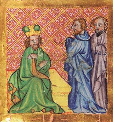 Vladislav II. získává královský titul, miniatura z Cerroniho rukopisu Pulkavovy Kroniky králů českých, počátek 15. století