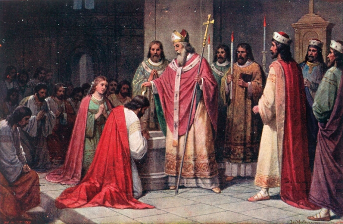 Arcibiskup Metoděj křtí Bořivoje I. a kněžnu Ludmilu  „na Velehradě“, Josef Mathauser, okolo r. 1907