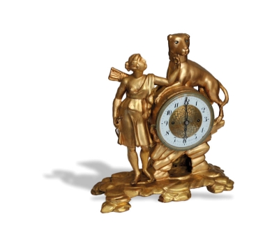 Klasicistní figurální stolní hodiny, JEANET­‑PARIS, tzv. mrkací, 
z expozice hodin