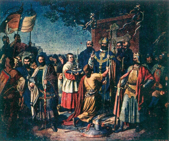 Král Přemysl Otakar II. a biskup Bruno roku 1254  křtí pohanské Prusy