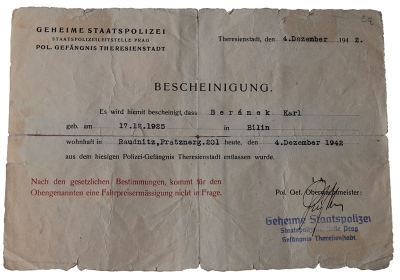 Propouštěcí rozkaz z Terezína 4. 12. 1942