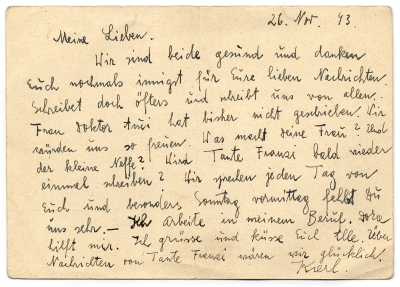 Dopisnice z Terezína O. Weiszovi, 26. 11. 1943