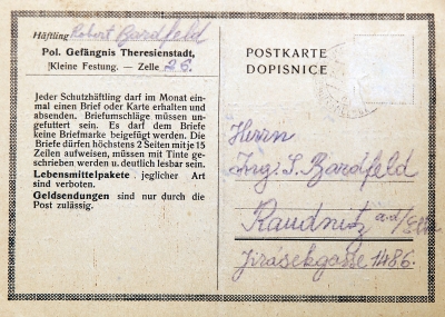 Postcard to his parents before arrival from Terezín