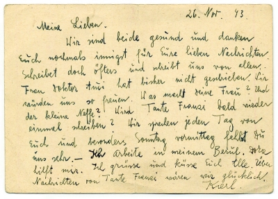 Dopisnica KP z Terezína O. Weiszovi, 26. 11. 1943