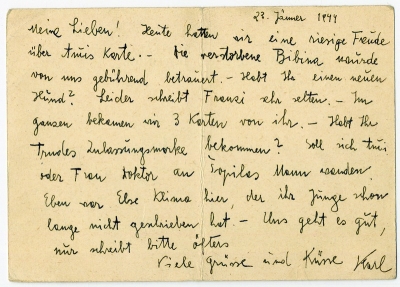 Dopisnica KP z Terezína O. Weiszovi, 23. 1. 1944
