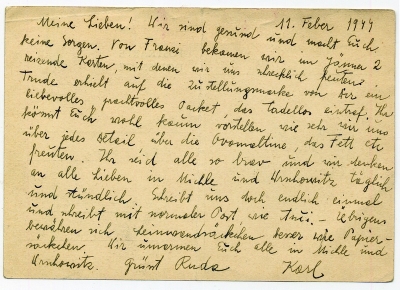 Dopisnica KP z Terezína O. Weiszovi, 11. 2. 1944