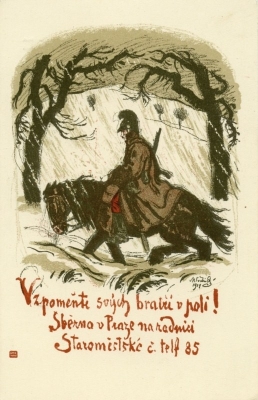 Pohlednice s litografií Vzpomeňte svých bratří v poli, Max Švabinský, 1914