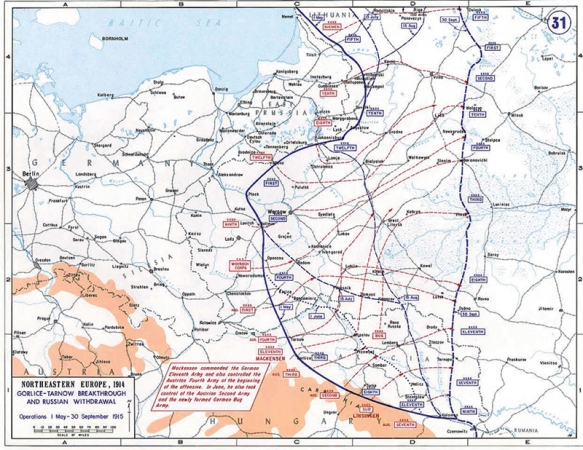 Mapa východní fronty v době bojů v roce 1915