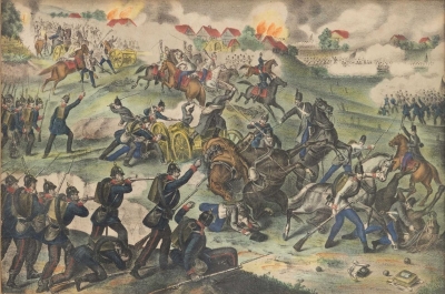1866 - Bitva u České Skalice 28. června 1866, dobový kolorovaný tisk