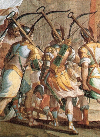 Janovští střelci z kuše při útoku na Jeruzalém, freska L. Tavaroneho v paláci Cattaneo Adorno, Janov