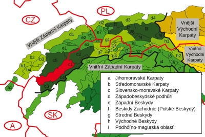 Bílé Karpaty v rámci Vnějších Západních Karpat (vyznačeny červeně)