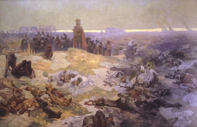 Po bitvě u Grunwaldu (A. Mucha, 1924), král Vladislav, Jan Sokol z Lamberka a Jan Žižka